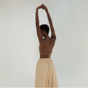 Monica Cordera Knit Tie Backless Crop Linen Top Beige Knit